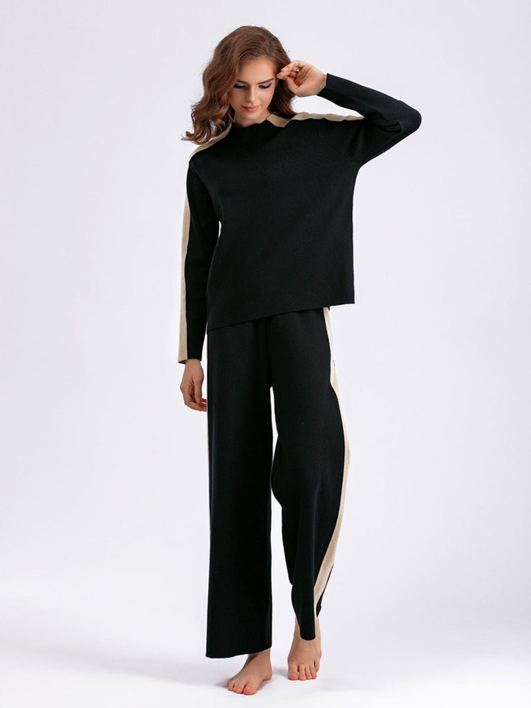 Contrast Sweater and Knit Pants Set - Juvrena