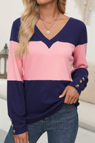 Color Block V - Neck Long Sleeve Top - Juvrena