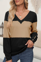 Color Block V - Neck Long Sleeve Top - Juvrena