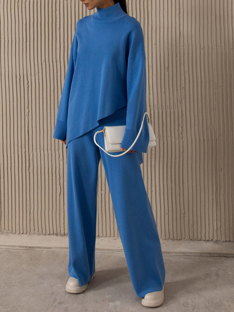 Asymmetrical Hem Knit Top and Pants Set - Juvrena
