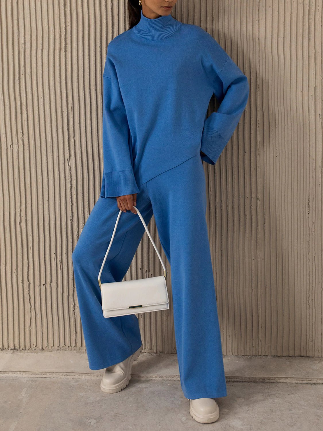 Asymmetrical Hem Knit Top and Pants Set - Juvrena