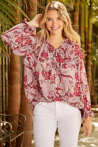 Floral Tie Neck Flounce Sleeve Blouse - Juvrena