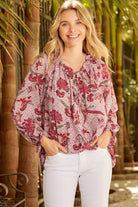 Floral Tie Neck Flounce Sleeve Blouse - Juvrena