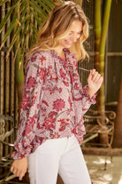 Floral Tie Neck Flounce Sleeve Blouse - Juvrena