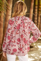 Floral Tie Neck Flounce Sleeve Blouse - Juvrena