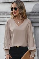 Pleated Lantern Sleeve V-Neck Blouse - Juvrena