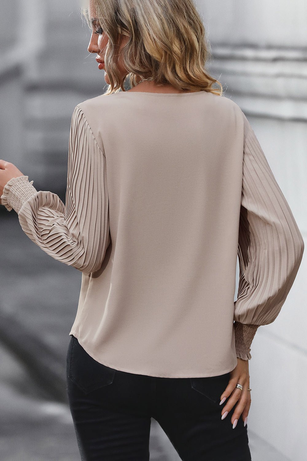 Pleated Lantern Sleeve V-Neck Blouse - Juvrena