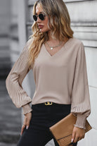 Pleated Lantern Sleeve V-Neck Blouse - Juvrena