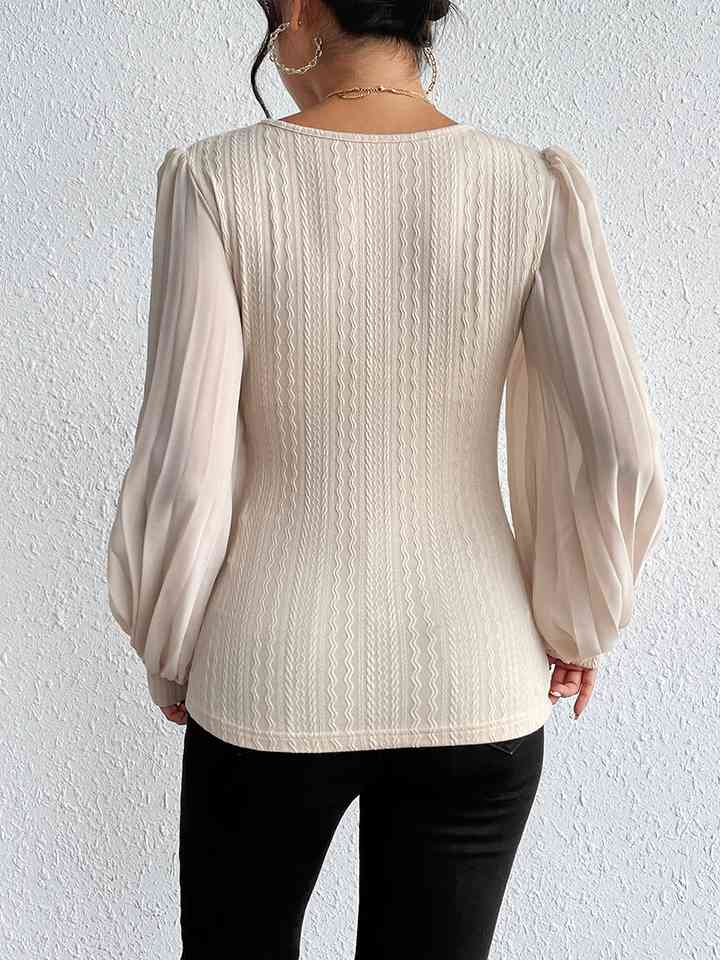 Pleated Puff Sleeve Round Neck Blouse - Juvrena