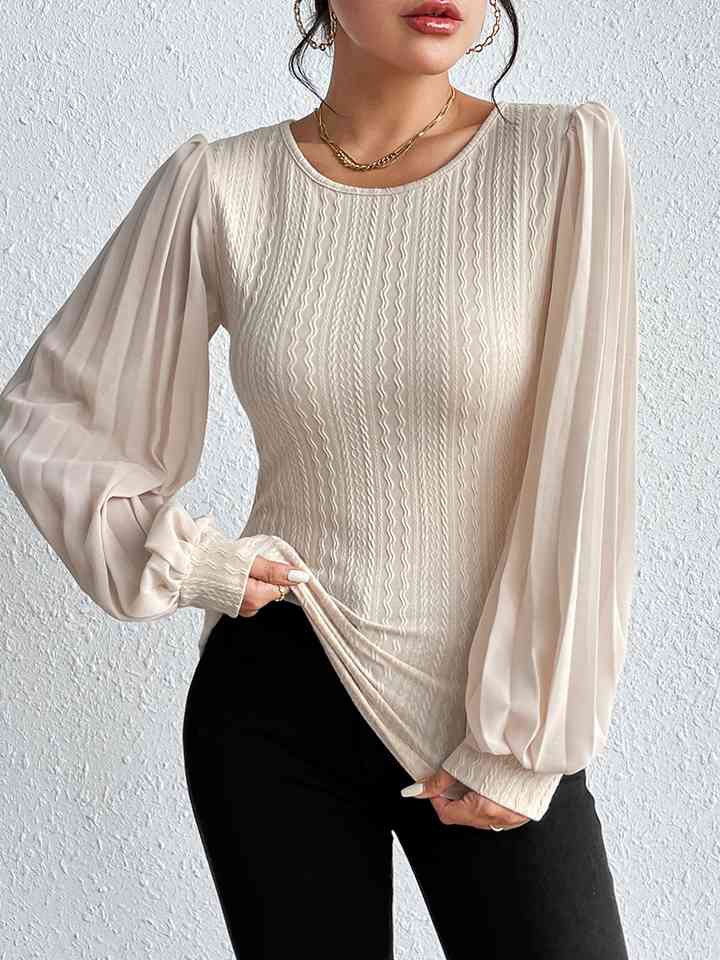 Pleated Puff Sleeve Round Neck Blouse - Juvrena