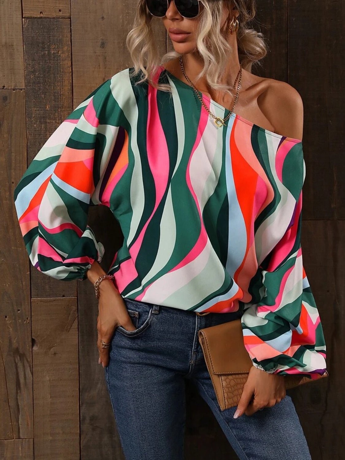 Printed Boat Neck Blouse - Juvrena