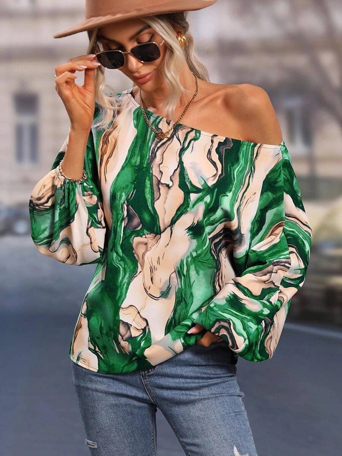 Printed Boat Neck Blouse - Juvrena