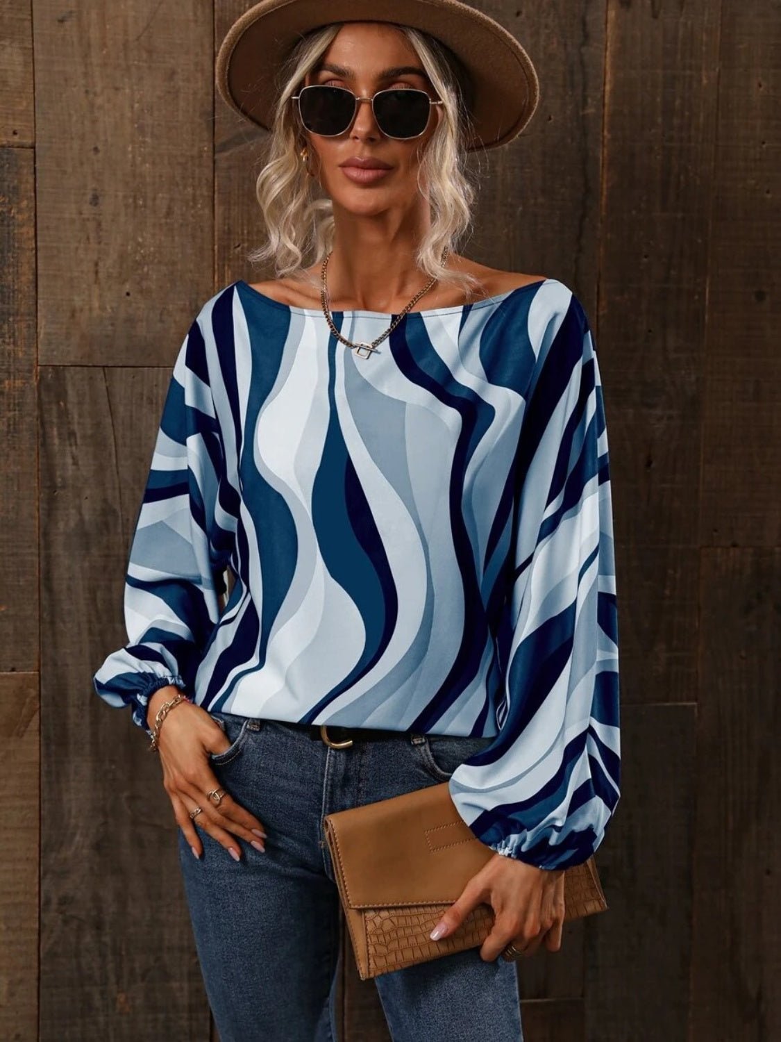 Printed Boat Neck Blouse - Juvrena