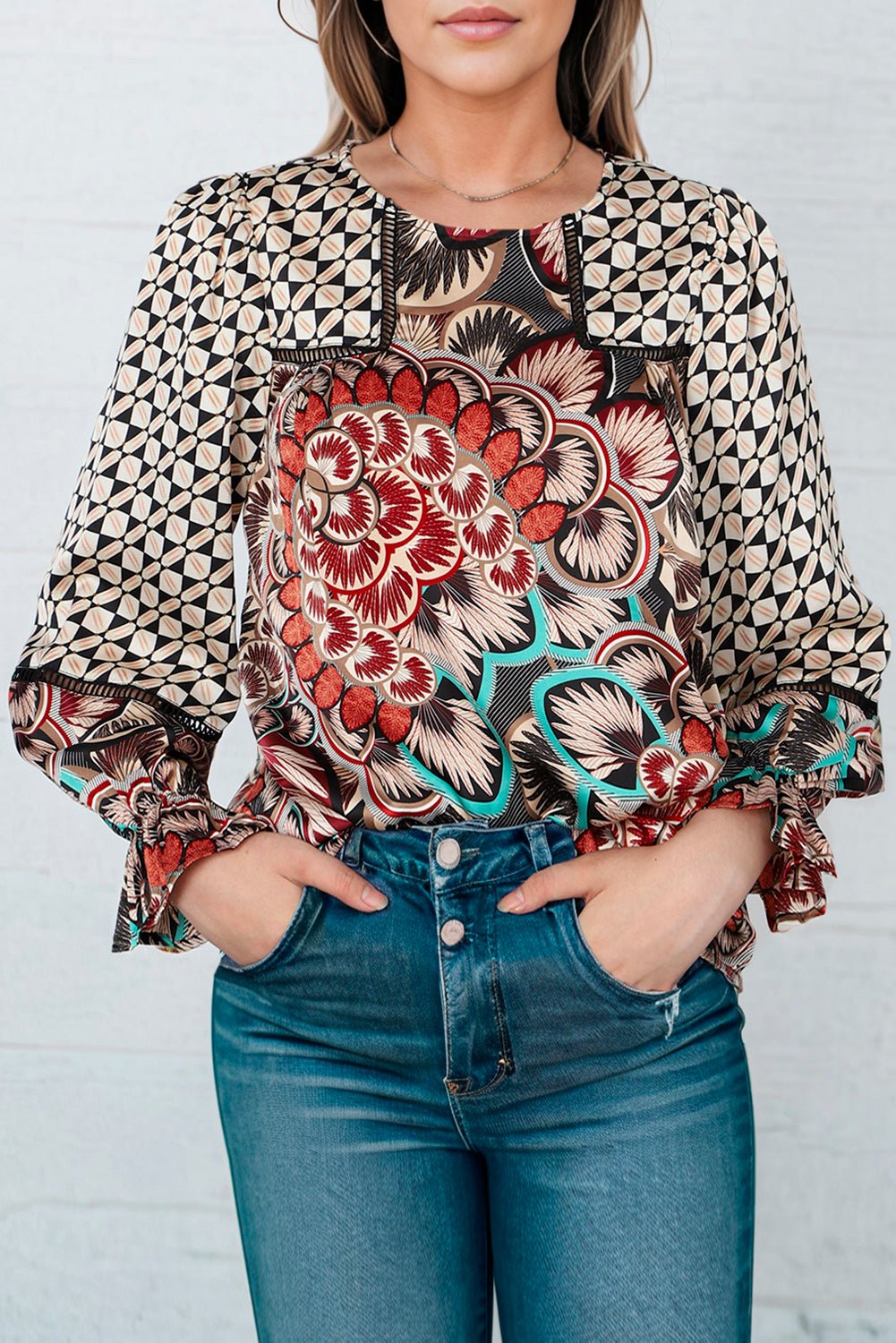 Printed Flounce Sleeve Blouse - Juvrena