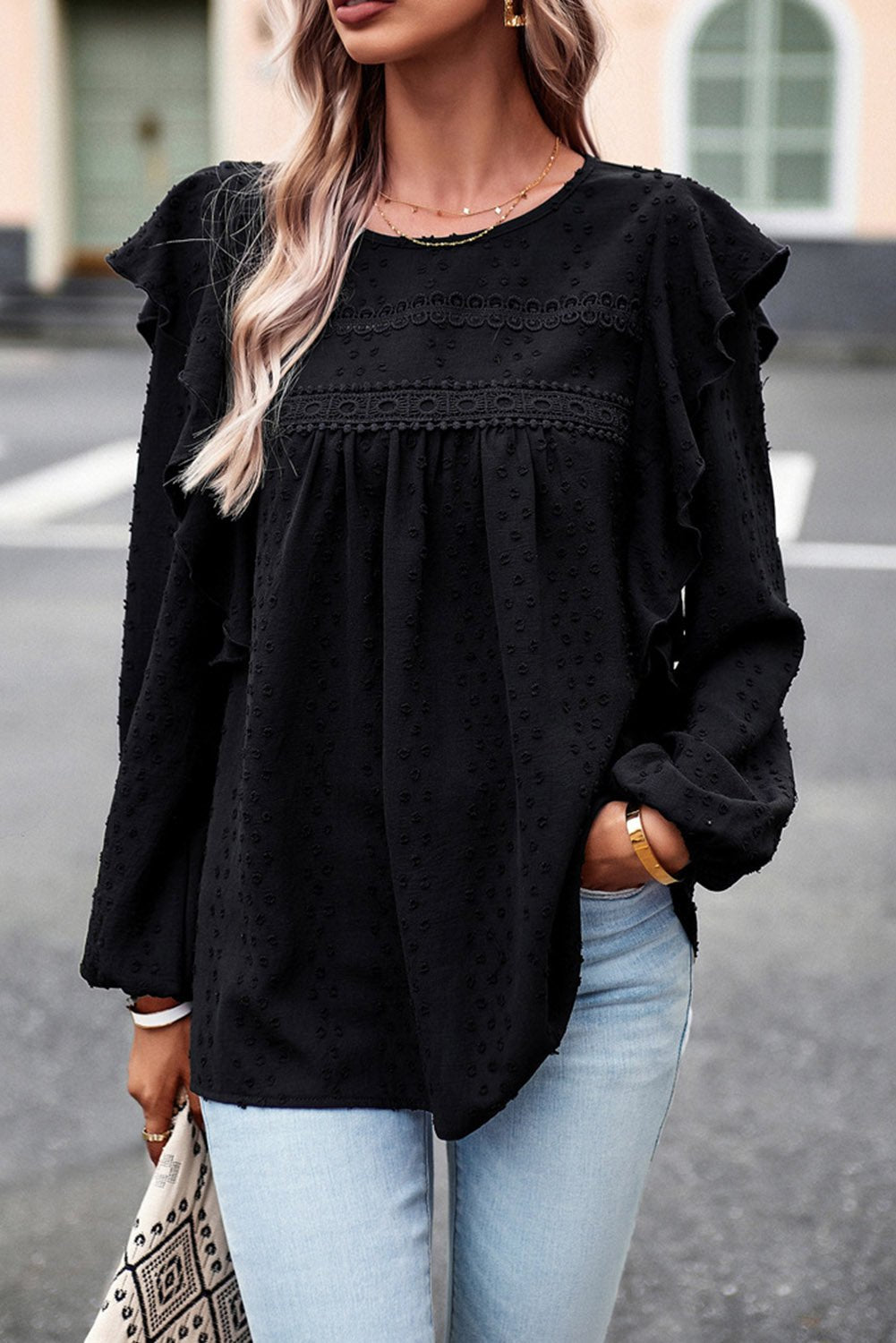 Round Neck Ruffled Blouse - Juvrena