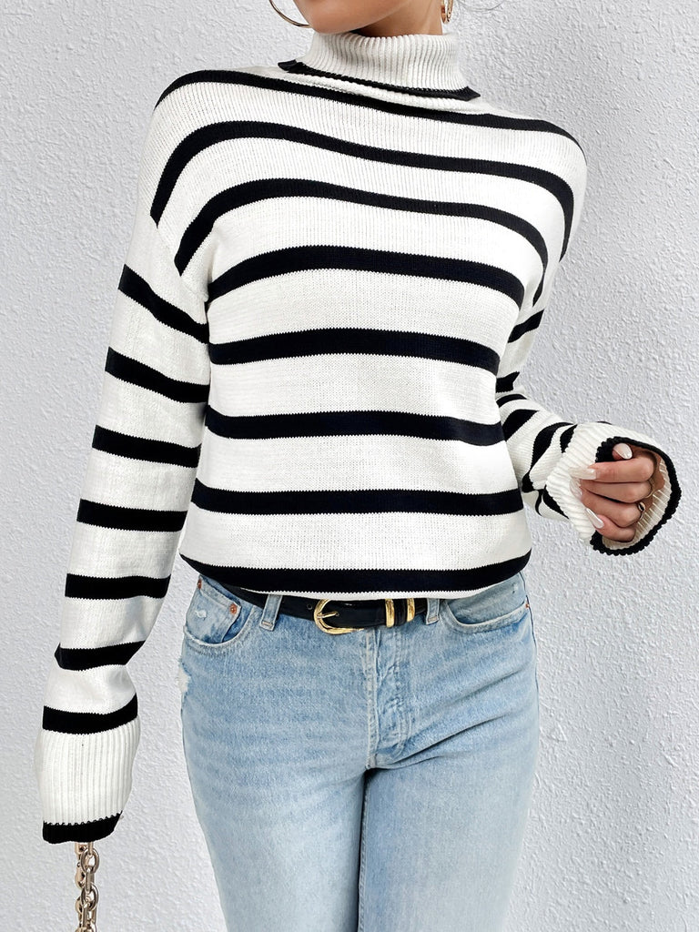 Striped Turtleneck Drop Shoulder Sweater - Juvrena