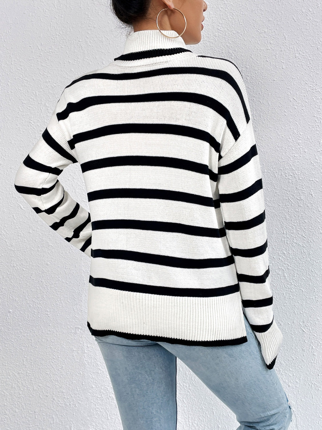 Striped Turtleneck Drop Shoulder Sweater - Juvrena