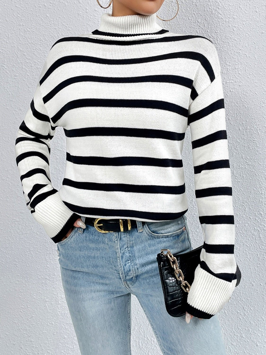 Striped Turtleneck Drop Shoulder Sweater - Juvrena