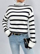 Striped Turtleneck Drop Shoulder Sweater - Juvrena