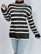 Striped Turtleneck Drop Shoulder Sweater - Juvrena