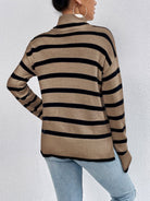 Striped Turtleneck Drop Shoulder Sweater - Juvrena