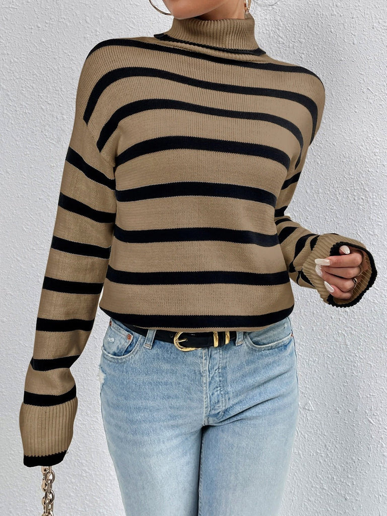 Striped Turtleneck Drop Shoulder Sweater - Juvrena