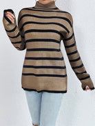 Striped Turtleneck Drop Shoulder Sweater - Juvrena