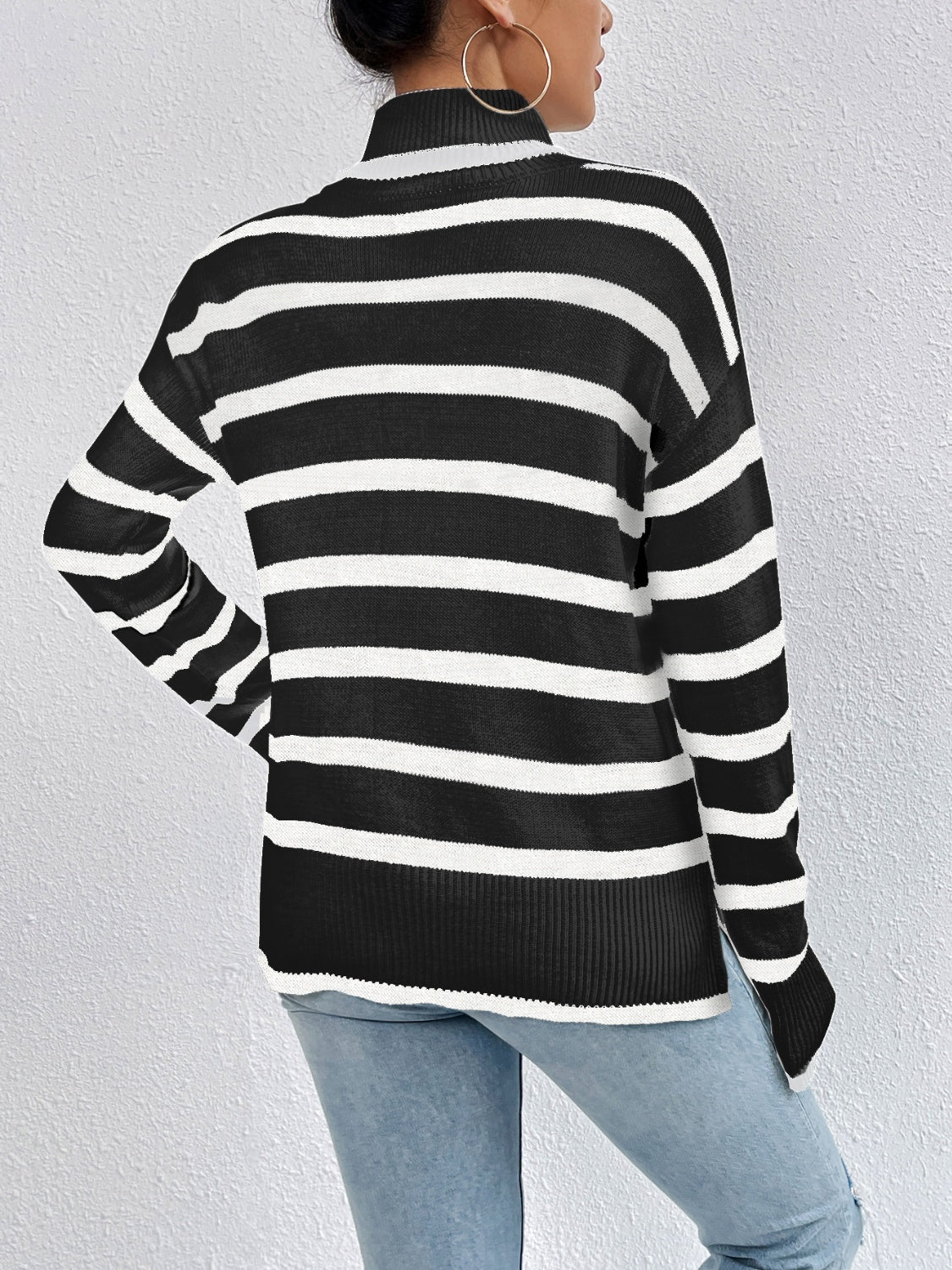 Striped Turtleneck Drop Shoulder Sweater - Juvrena