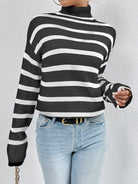 Striped Turtleneck Drop Shoulder Sweater - Juvrena