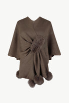 Surplice Neck Pom-Pom Trim Poncho - Juvrena