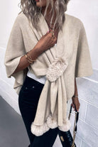 Surplice Neck Pom-Pom Trim Poncho - Juvrena