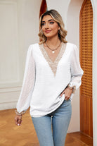 Swiss Dot Contrast V-Neck Blouse - Juvrena