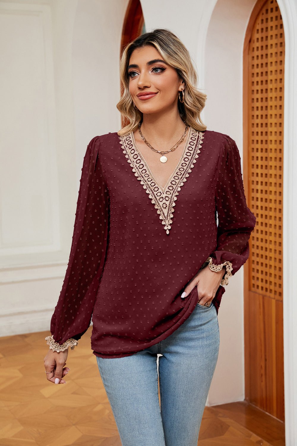 Swiss Dot Contrast V-Neck Blouse - Juvrena