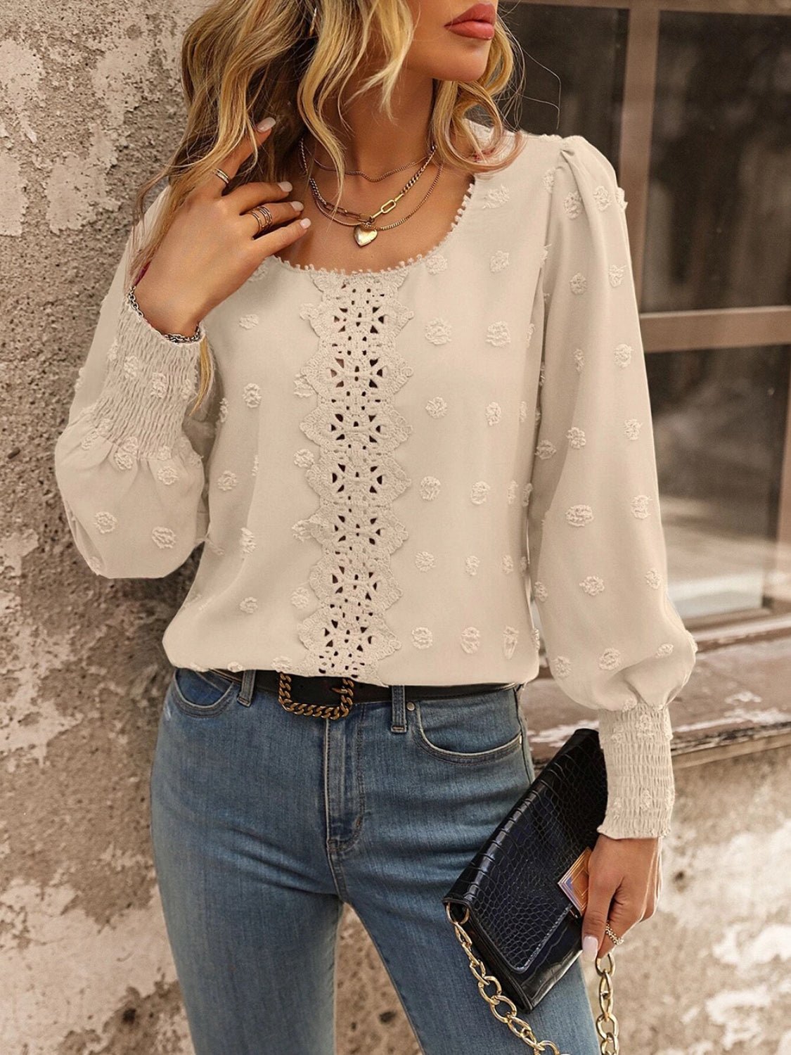 Swiss Dot Lace Detail Blouse - Juvrena