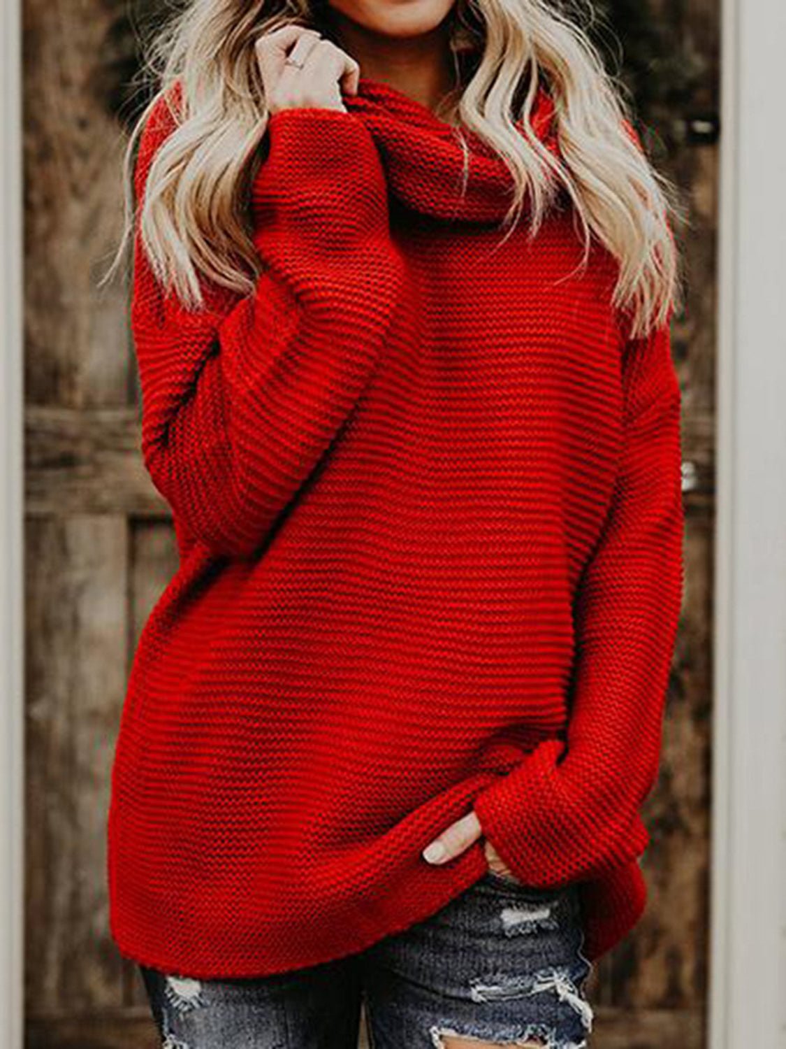 Turtleneck Dropped Shoulder Slit Sweater - Juvrena