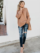 Turtleneck Dropped Shoulder Slit Sweater - Juvrena