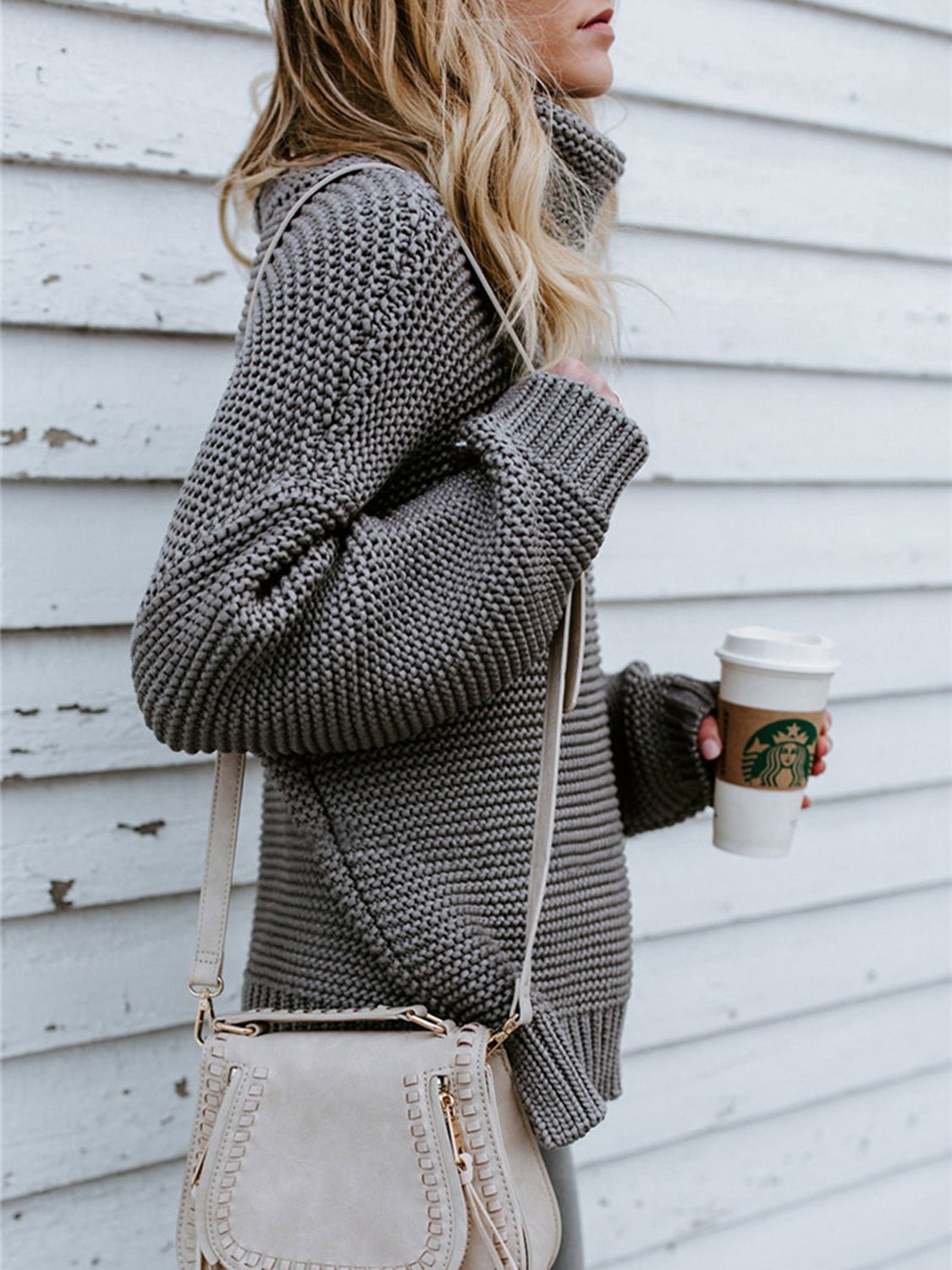 Turtleneck Dropped Shoulder Slit Sweater - Juvrena