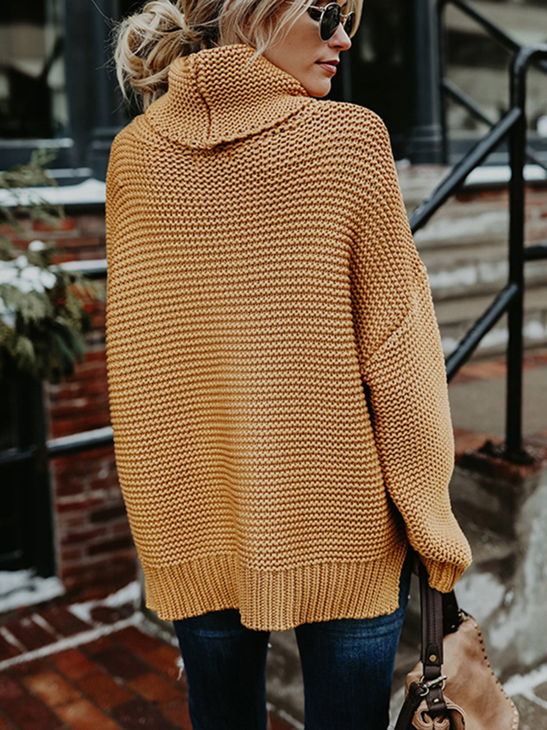 Turtleneck Dropped Shoulder Slit Sweater - Juvrena