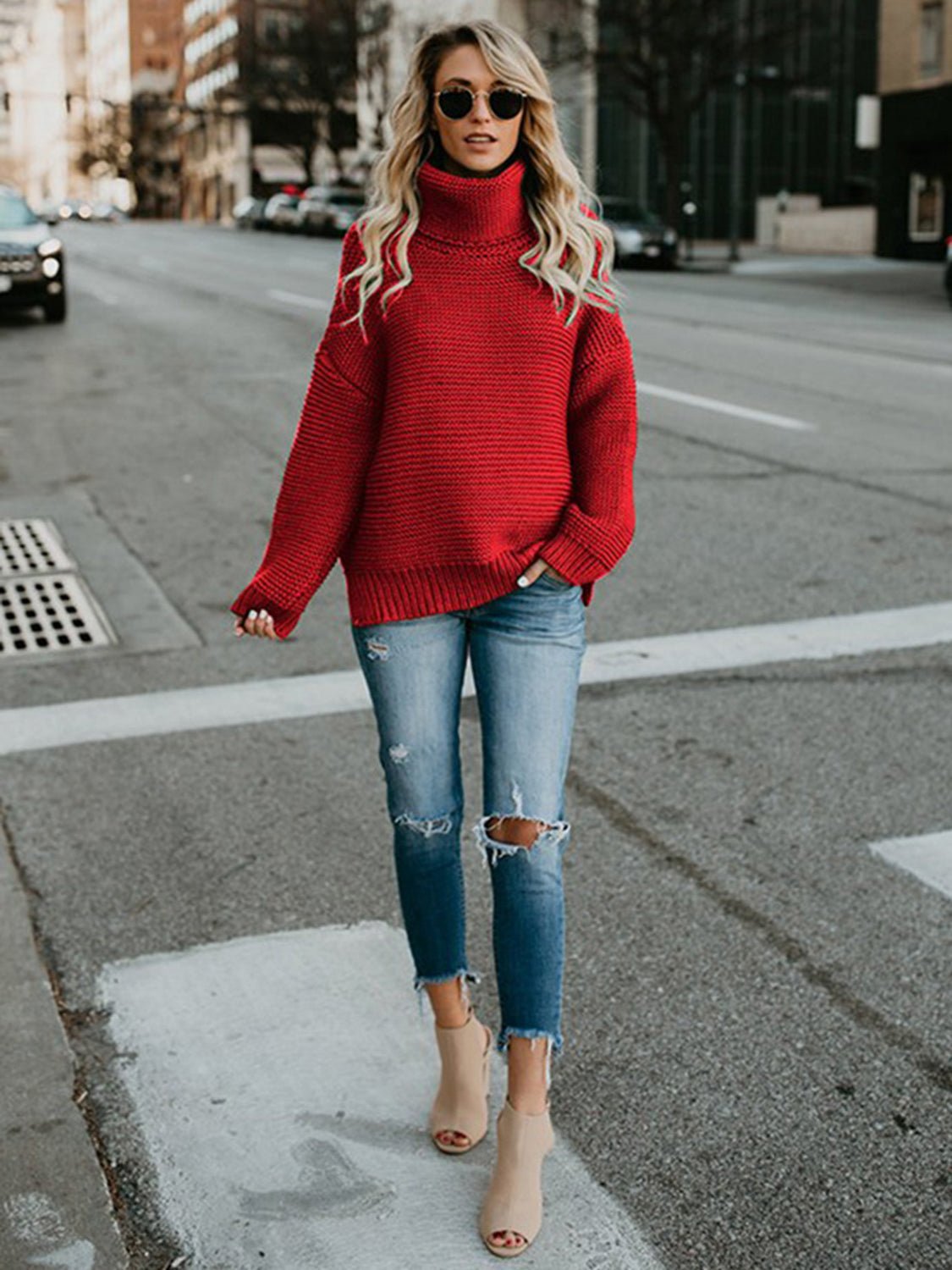 Turtleneck Dropped Shoulder Slit Sweater - Juvrena