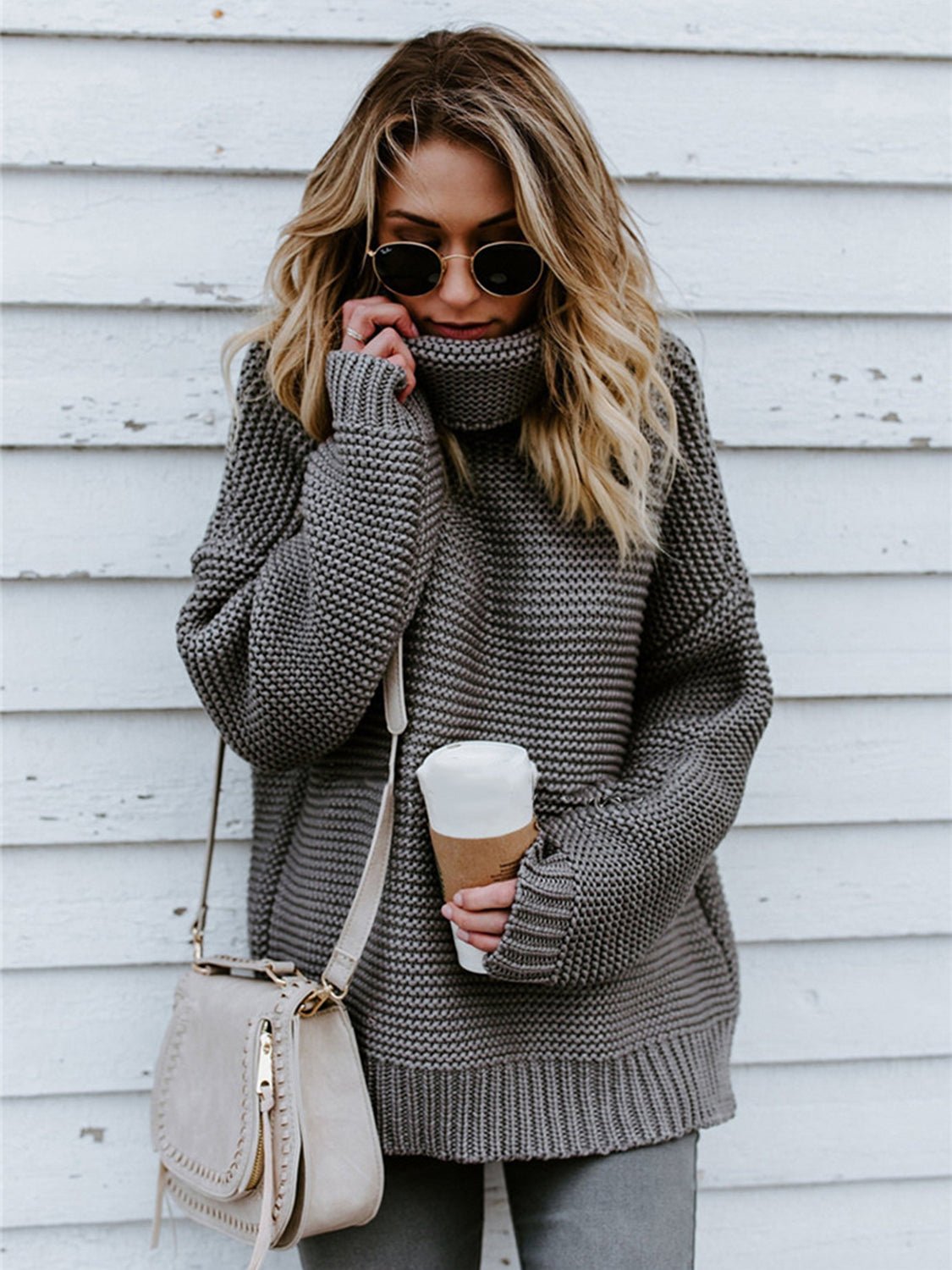 Turtleneck Dropped Shoulder Slit Sweater - Juvrena