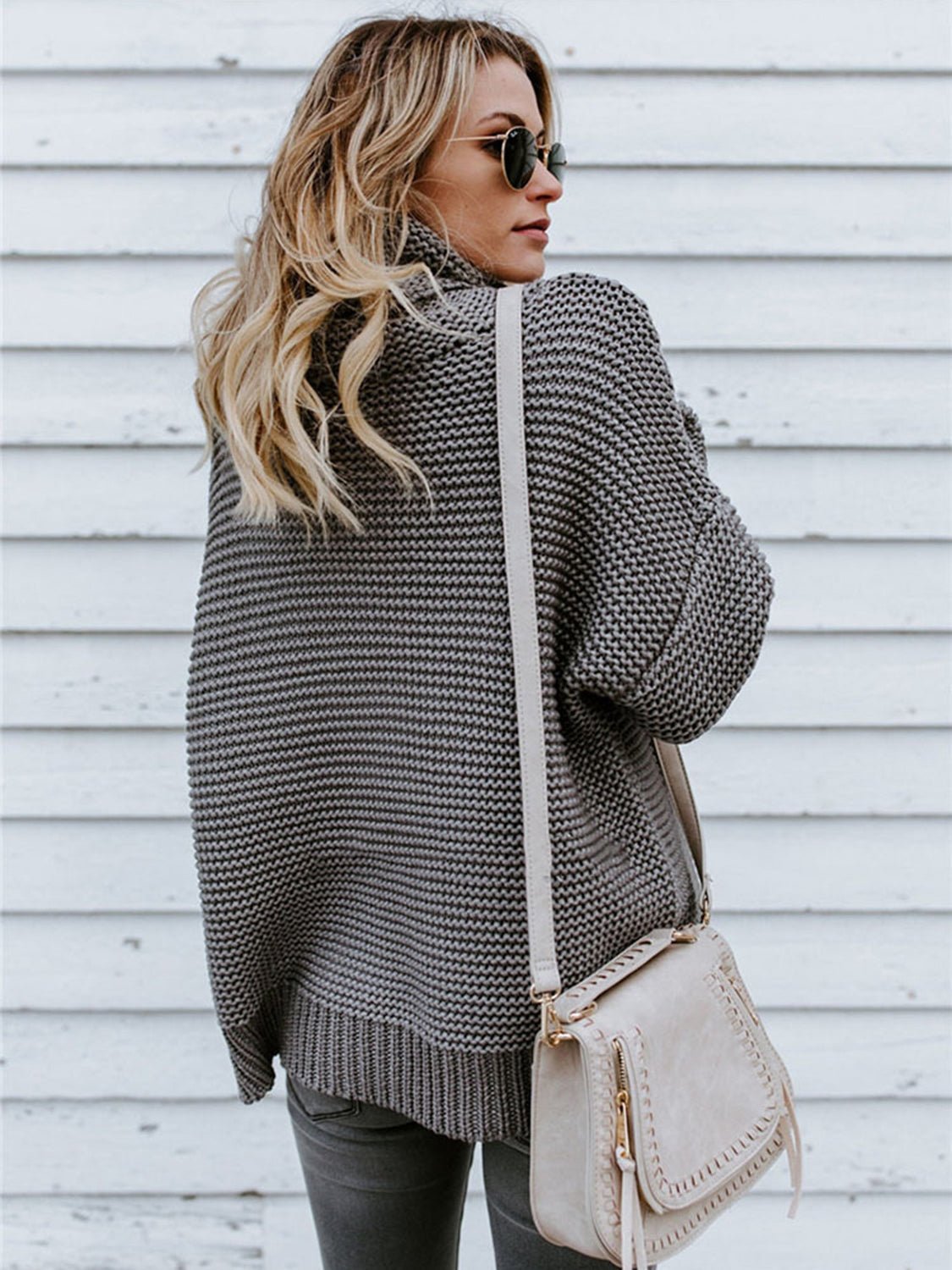 Turtleneck Dropped Shoulder Slit Sweater - Juvrena