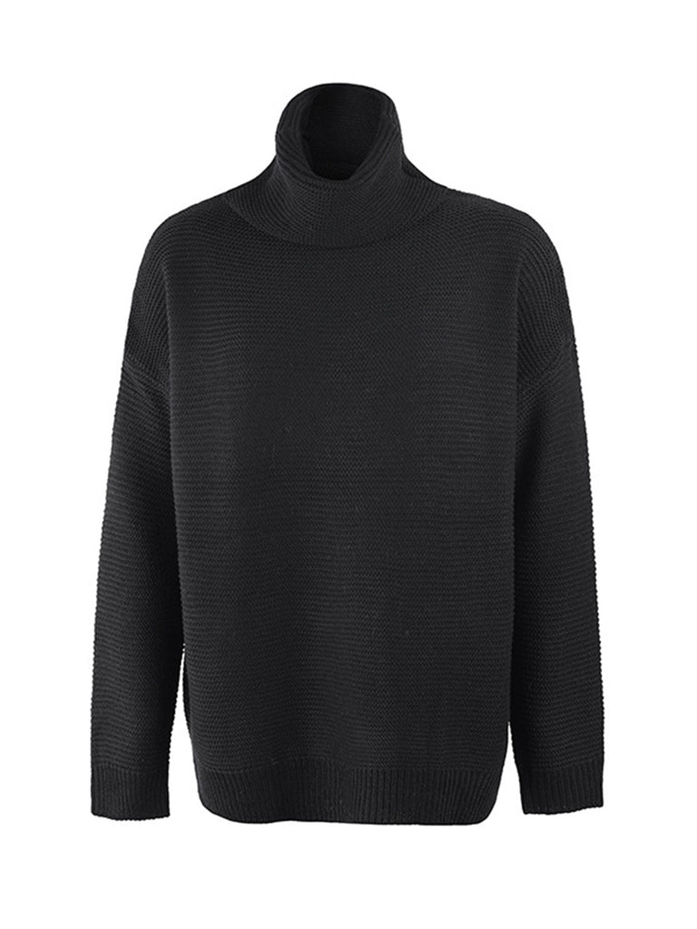 Turtleneck Dropped Shoulder Slit Sweater - Juvrena
