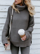 Turtleneck Dropped Shoulder Slit Sweater - Juvrena