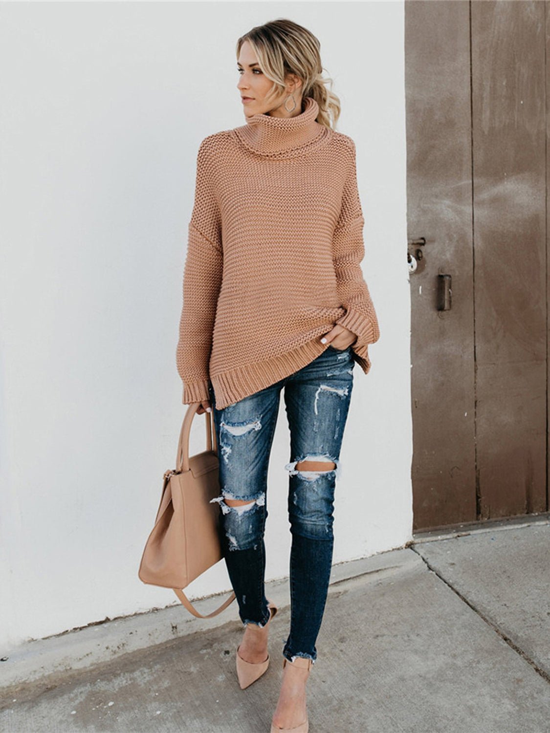 Turtleneck Dropped Shoulder Slit Sweater - Juvrena