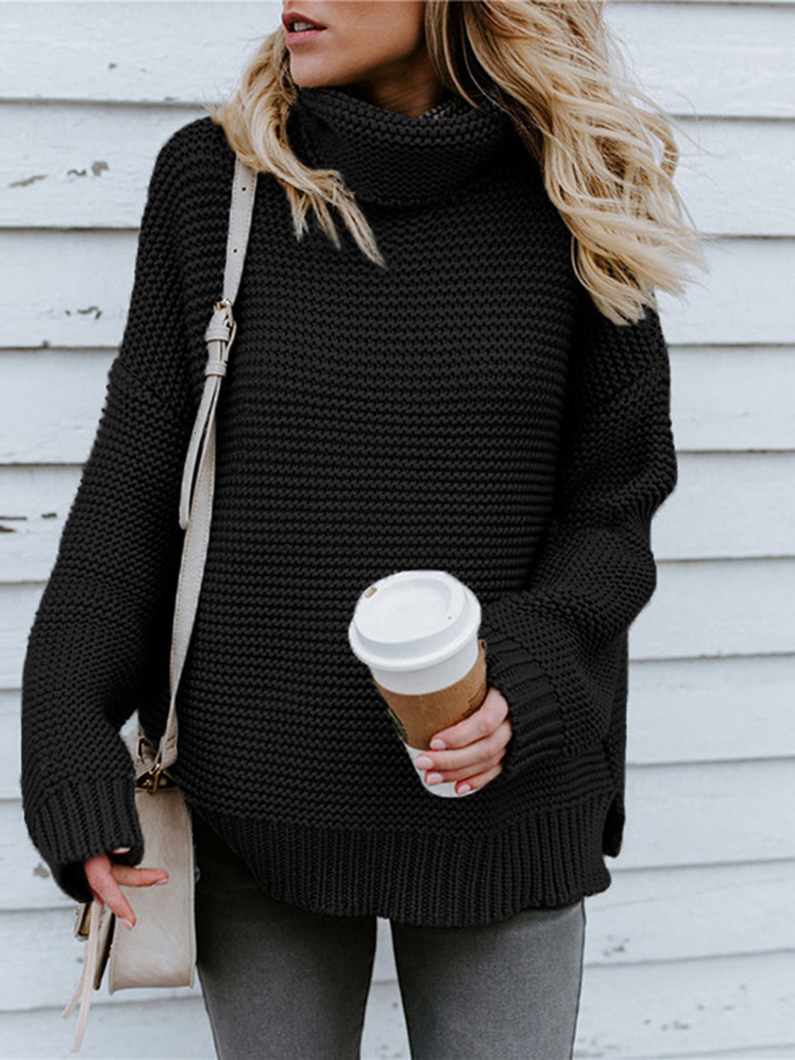 Turtleneck Dropped Shoulder Slit Sweater - Juvrena